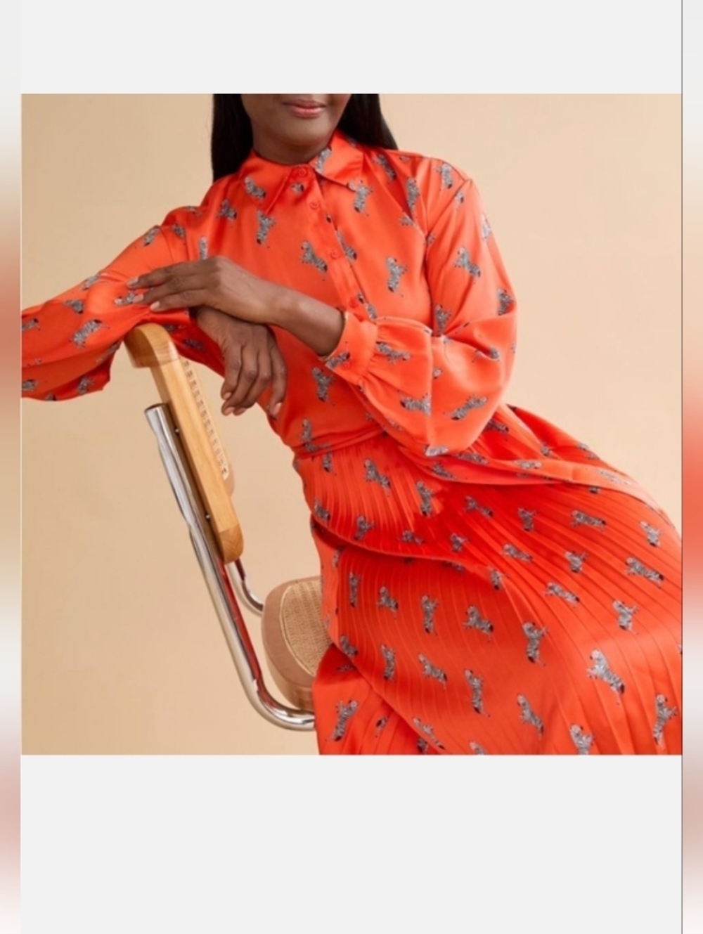 On 34th Zebra Print Long-Sleeve Orange Pleated Shirt Dress XL